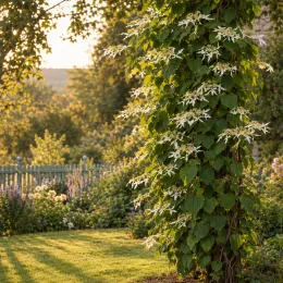 Hortensia grimpant du japon 'Windmills' (Schizophragma integrifolia) — grimpante fleurie couvrant un tronc dans jardin · Photo d'illustration