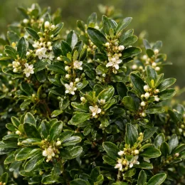 Houx crénelé 'Hollybox' (Ilex vomiforia) — feuillage dense avec petites fleurs blanches · Photo d'illustration