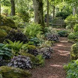 Heuchères 'Caffe frappe' (Heuchera) — massifs de feuillages le long d’un sous-bois aménagé · Photo d'illustration
