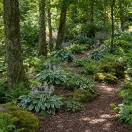 Hosta 'Francee' (Hosta fortunei) — massifs de vivaces bordant un sentier forestier · Photo d'illustration