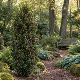Houx arbustif 'Heckenfee' (Ilex × meserveae) — arbuste conique couvert de baies colorées en sous-bois