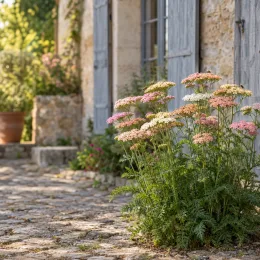 Achillée 'Pastel' (Achillea summer) — touffes de fleurs pastel devant maison en pierre · Photo d'illustration