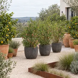 Citronnier caviar 'Pink red' (Citrus australasica) — arbustes fruitiers en pots sur grande terrasse minérale