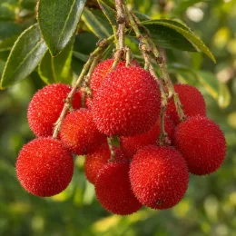 Arbousier ou arbre aux fraises compact 'Walter' (Arbutus unedo) — grappes de fruits rouges ronds et granuleux · Photo d'illustration