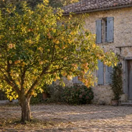 Pommier 'Gordin churia' (Malus domestica) — arbre fruitier chargé de fruits devant maison en pierre · Photo d'illustration