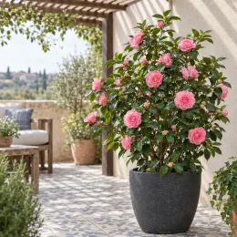 Camélia du japon 'King's ransom rose' (Camellia japonica) — arbuste à fleurs roses en pot sur terrasse