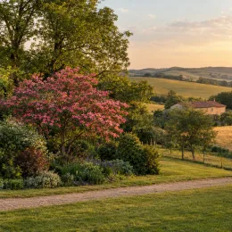 Cornouiller à fleurs américain 'Red giant' (Cornus florida) — arbre fleuri rose dans grand jardin champêtre · Photo d'illustration