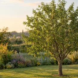 Amandier 'Supernova' (Prunus amygdalus) — arbre fruitier isolé sur pelouse de jardin
