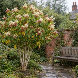 Heptacodion de chine 'Tianshan' (Heptacodium miconioides) — arbre ornemental fleuri près d'un banc de jardin · Photo d'illustration
