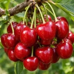 Cerisier 'Sweetheart' (Prunus avium) — grappe de gros fruits rouges brillants