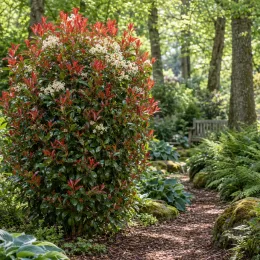 Photinia 'Dynamo red' (Photinia fraseri) — grand arbuste coloré bordant un sentier de jardin