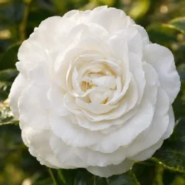 Camelia 'Silver dollar' (Camelia sasanqua) — gros plan sur une fleur blanche double · Photo d'illustration