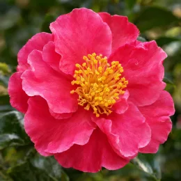 Camélia d'automne 'Paradise sandra rose vif' (Camellia sasanqua) — fleur rose vif en gros plan · Photo d'illustration