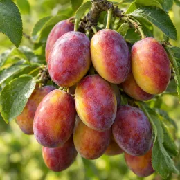 Prunier 'Victoria' (Prunus domestica) — gros plan sur grappe de fruits mûrs