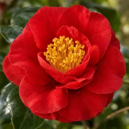 Camelia 'San dimas' (Camelia japonica) — gros plan de fleur rouge aux étamines jaunes · Photo d'illustration