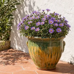 Aster des alpes 'Violet' (Aster alpinus) — touffe florale violette en pot sur terrasse