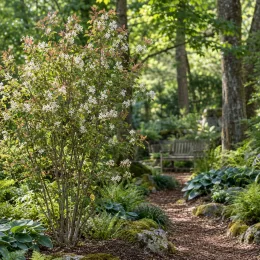 Amélanchier à feuilles ovales (Amelanchier ovalis) — arbuste fleuri au bord d’un sentier forestier · Photo d'illustration