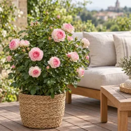 Rosier 'La belle rouet' (Rosa hybrida) — grand rosier fleuri en pot sur terrasse · Photo d'illustration