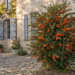 Buisson-ardent (Pyracantha) — arbuste couvert de baies orangées devant maison en pierre · Photo d'illustration