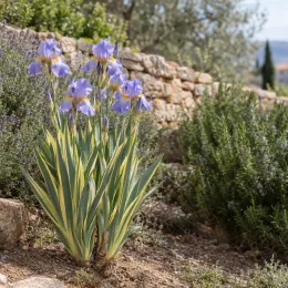 Iris pâle panaché de jaune 'Variegata aurea' (Iris pallida) — touffe de feuilles panachées et hampes fleuries violettes · Photo d'illustration