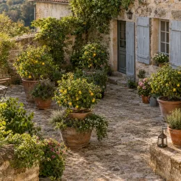 Pommier 'Nain golden sun' (Malus domestica) — cour intérieure en pierre avec arbustes en pot