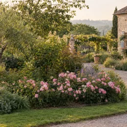 Rosier 'Notre dame de paris' (Rosa hybrida) — massif de rosiers roses bordant une allée de jardin