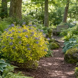 Barbe-bleue 'Worcester gold' (Caryopteris clandonensis) — arbuste à fleurs bleues au feuillage doré en sous-bois