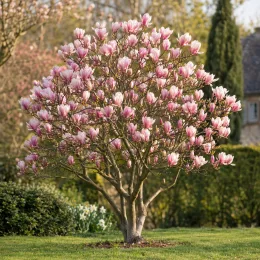 Magnolia de soulange 'Alexandrina' (Magnolia soulangeana) — arbuste fleuri rose au centre d’un jardin