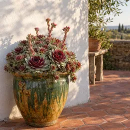 Joubarbe 'Bigsam® red mellow' (Sempervivum) — succulente en grand pot vernissé sur terrasse