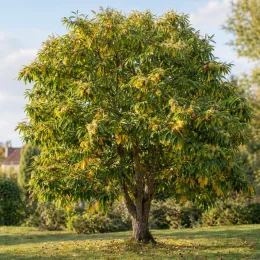 Châtaigner 'Precoce migoule' (Castanea sativa) — grand arbre isolé au feuillage dense · Photo d'illustration