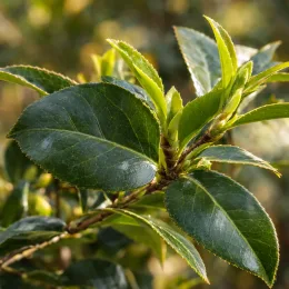 Camelia 'Beniguet' (Camelia japonica) — gros plan sur jeunes feuilles vernissées · Photo d'illustration