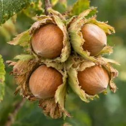 Noisetier 'Tonda gentile delle langhe' (Corylus avellana) — gros plan de quatre noisettes mûres groupées