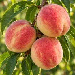 Pêcher 'Michelini' (Prunus persica) — gros fruits ronds bicolores parmi les feuilles