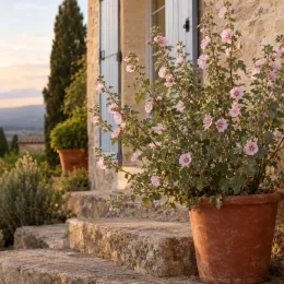 Mauve du cap (Anisodonthea malvastroides) — arbuste fleuri en pot devant maison en pierre · Photo d'illustration