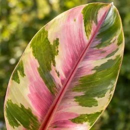 Banane 'Nono pink variegata' (Musa) — grand feuillage panaché vert crème et rose