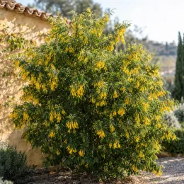 Sophora à petites feuilles argentées 'Sun king' (Sophora microphylla) — grand arbuste fleuri jaune devant un mur · Photo d'illustration