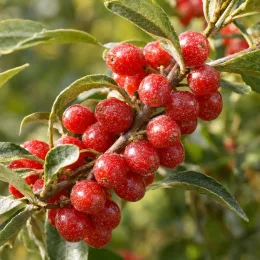 Chalef d'automne à baies rouges 'Sweet'n'sour' (Eleagnus umbellata) — gros plan de grappes de baies rouges · Photo d'illustration