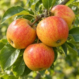 Pommier 'Cox's orange pippin' (Malus domestica) — gros plan de pommes mûres sur branche
