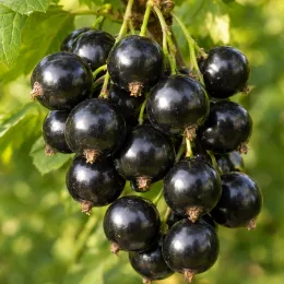 Casseillier (Ribes × culverwellii) — grappe de petits fruits noirs brillants · Photo d'illustration