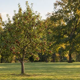 Pommier 'Aniza' (Malus domestica) — arbre fruitier isolé couvert de fruits rouges · Photo d'illustration