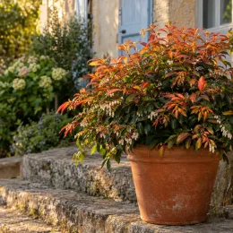 Leucothoé 'Scarletta orange' (Leucothoe axillaris) — arbuste en pot sur marches en pierre ensoleillées