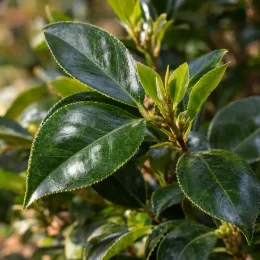 Camelia 'San dimas' (Camelia japonica) — feuillage vert luisant vu de près · Photo d'illustration