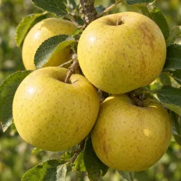Pommier 'Reinette du mans' (Malus domestica) — gros plan de fruits jaunes mouchetés sur branche