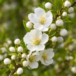 Arbre aux perles 'Magical springtime' (Exochorda racemosa) — grappe de fleurs blanches et boutons sur branche