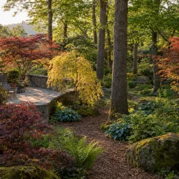 Érable du japon 'Cascade gold' (Acer palmatum) — arbuste pleureur jaune au centre d'un jardin