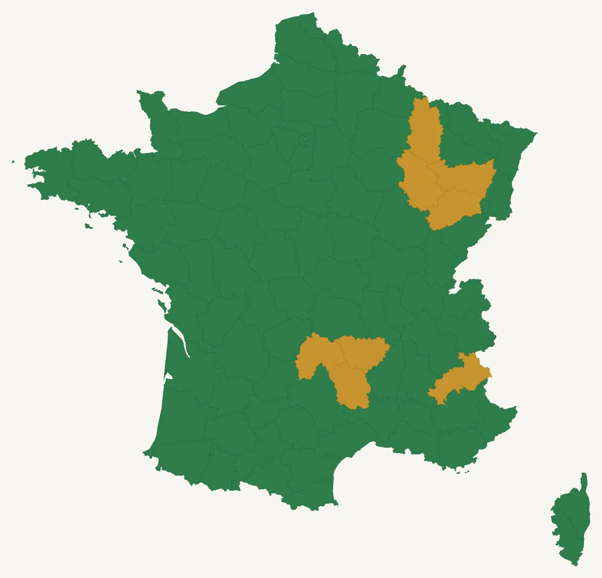 Carte de France des zones de culture pour Sauge gregii 'Mirage cherry red rouge cerise' : 88 départements en pleine terre et 8 départements avec une protection hivernale (rustique jusqu’à −12 °C).