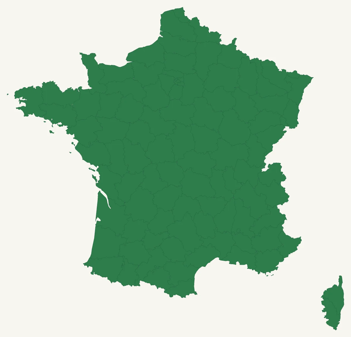 Carte de France des zones de culture pour Pivoine 'Felix supreme rose' : 96 départements en pleine terre (rustique jusqu’à −20 °C).