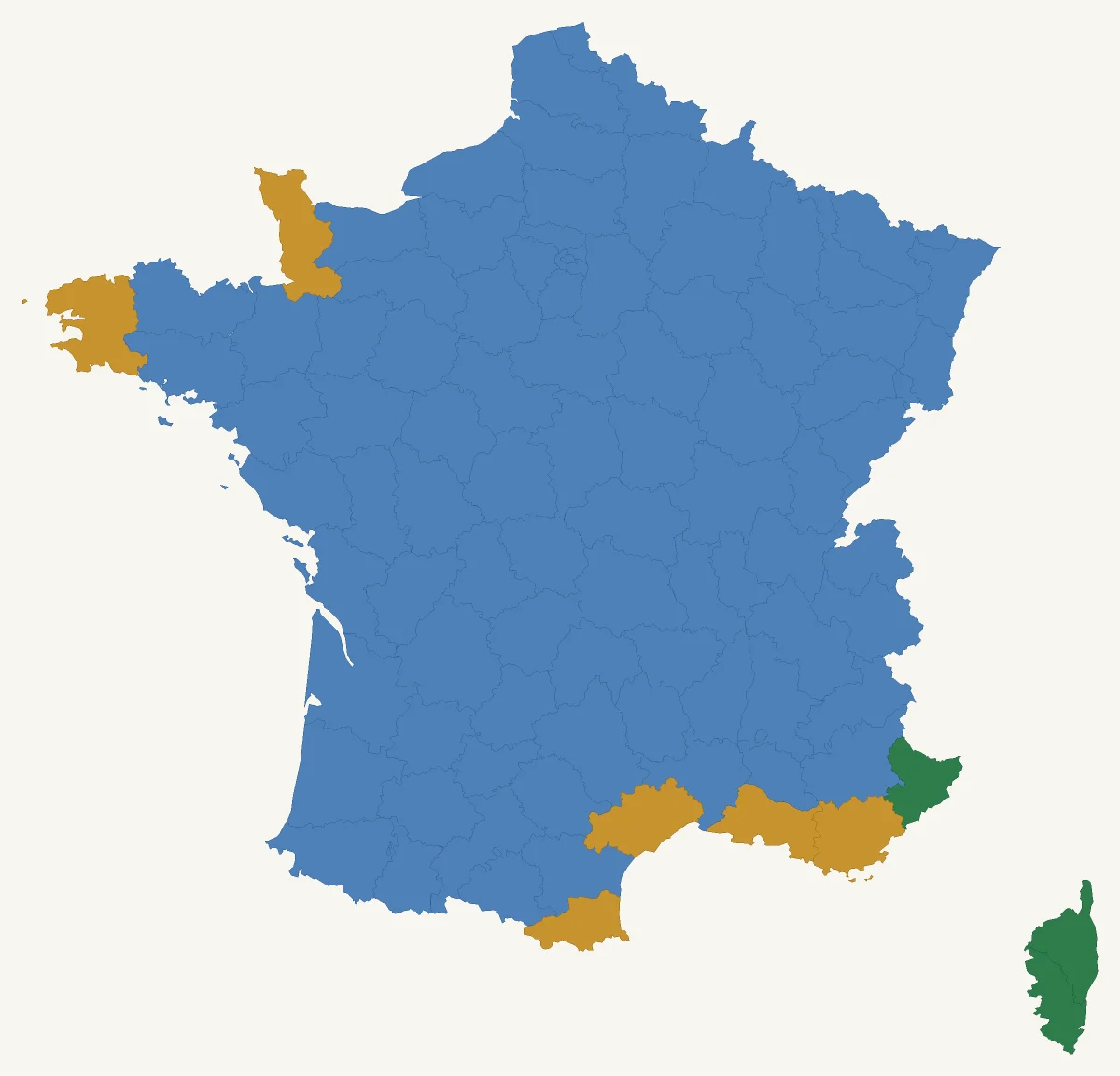Carte de France des zones de culture pour Aloe 'Sunrise' : 3 départements en pleine terre, 6 départements avec une protection hivernale et 87 départements en pot (rustique jusqu’à −1 °C).