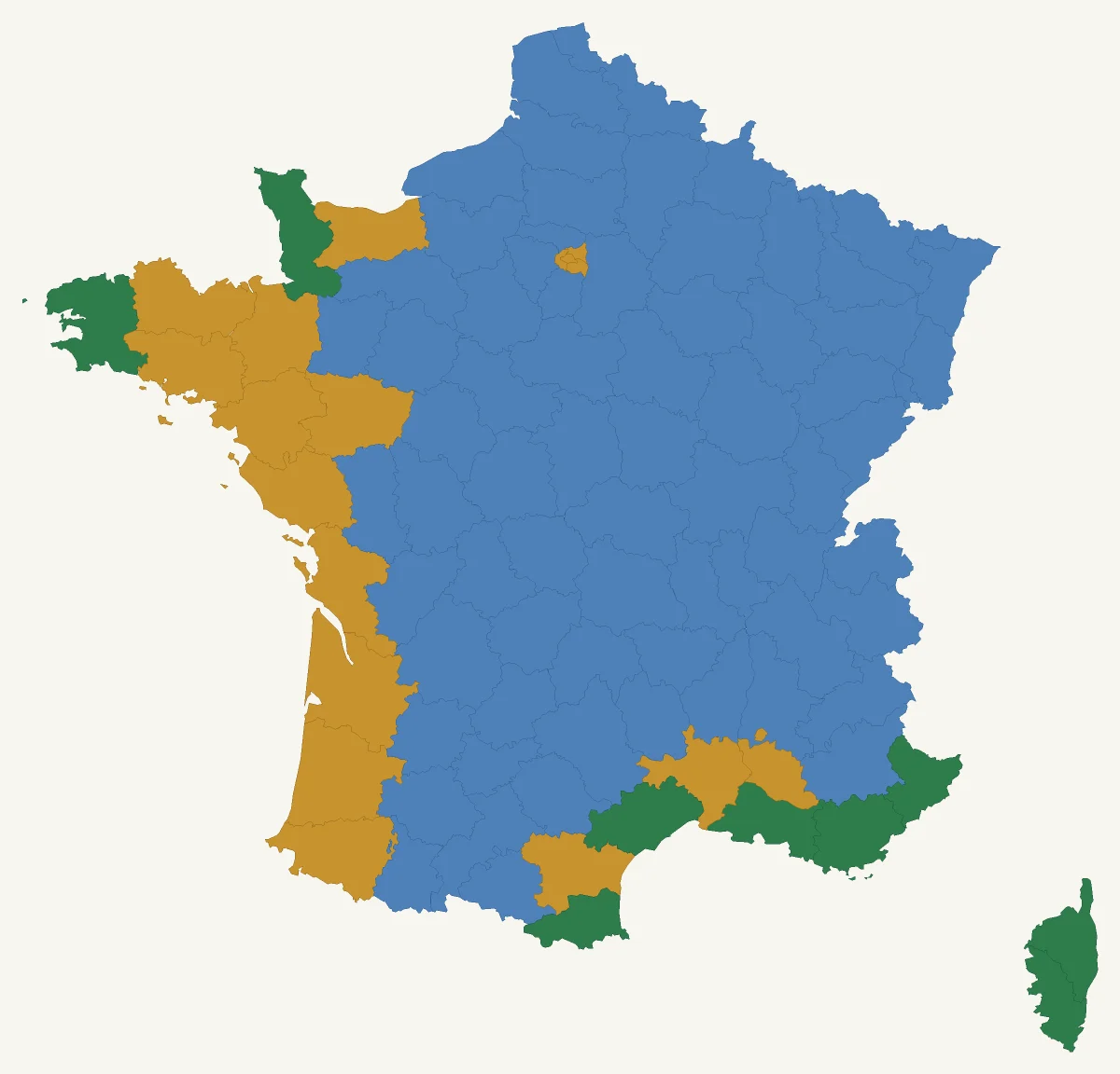 Carte de France des zones de culture pour Cactus tonneau : 9 départements en pleine terre, 18 départements avec une protection hivernale et 69 départements en pot (rustique jusqu’à −5 °C).