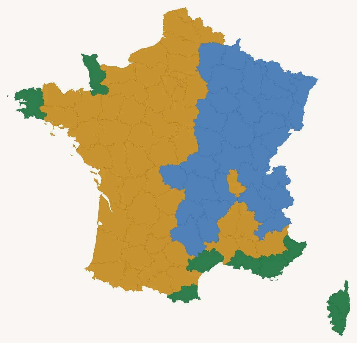 Carte de France des zones de culture pour Lavande papillon 'Bella toscane' : 9 départements en pleine terre, 55 départements avec une protection hivernale et 32 départements en pot (rustique jusqu’à −6 °C).